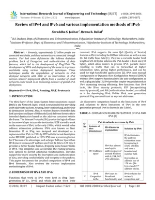 International Research Journal of Engineering and Technology (IRJET) e-ISSN: 2395-0056
Volume: 09 Issue: 12 | Dec 2022 www.irjet.net p-ISSN: 2395-0072
© 2022, IRJET | Impact Factor value: 7.529 | ISO 9001:2008 Certified Journal | Page 110
Review of IPv4 and IPv6 and various implementation methods of IPv6
Shraddha S. Jadhav
1
, Beena R. Ballal
2
1
B.E Student, Dept. of Electronics and Telecommunication, Vidyalankar Institute of Technology, Maharashtra, India
2
Assistant Professor, Dept. of Electronics and Telecommunication, Vidyalankar Institute of Technology, Maharashtra,
India
---------------------------------------------------------------------***---------------------------------------------------------------------
Abstract - Presently, approximately 25 billion people are
connected worldwide, and these networks are connected through
routers. IPv4 had some deficiencies like Address depletion
problem, Lack of Encryption, and authentication of data
features, which led to the development of IPng/IPv6. The
development of IPV6 and deployment of the same is in process
worldwide using various deployment techniques. These
techniques enable the upgradation of networks to IPv6
deployed networks with little or no intervention of IPv4
services. Greater deployment efforts from a number of small
networks could result in an increasing measure of global IPv6
deployment.
Keywords—IPv4, IPv6, Routing, NAT, Protocols
1. INTRODUCTION
The third layer of the Open System Interconnections model
(OSI) is the Network layer, which is responsible for providing
anIPaddresstopackets,Routing, Inter-networking,andsource
to destination delivery. Also, it receives frames from the data
linklayer(secondlayerofOSImodel)anddeliversthemto their
intended destination based on the address contained within
the frame. The InternetProtocols(IPs)providethelogicaladdress
to the network layer to trace the destination. IETF started to work
on the successor of IPv4, in the early 1990s, which would solve
address exhaustion problems. IPV6 also known as Next
Generation IP or IPng, was designed and developed as a
replacement for IPv4, in 1994 by IETF with its formal description
under RFC 1883 published in 1995. IPV6 was a promising format
for IP because of its advantages such as larger Address Space than
IPv4sinceitincreasesIP addresssizefrom32 bits to 128 bits. It
provides a better header format, dropping some header fields
of IPv4. This simplifies and accelerates the routing process,
new options to permit additional functionalities, provides
support for more security by Encryption and Authentication
of data, providing confidentiality and integrity to the packets.
This paper documents the detailed comparison of IPv4 and
IPv6 Protocols. Also reviews the various implantation
methodologies of IPv6.
2. COMPARISON OF IPv4 AND IPv6
Functions that work in IPv4 were kept in IPng (next-
generation IP i.e., IPv6) and which did not work were
removed. IPv6 supports the same QoS (Quality of Service)
featuresas IPv4, including the DiffServ indication, as well as a new
20- bit traffic flow field [1]. IPv4 has a variable header field
length of 20-60 bytes whereas the IPv6 header is fixed size (40
bytes), which allow routers to process IPv6 packets faster
resulting in traffic that can be forwarded at higher
information rates, giving higher performance, and can be
used for high bandwidth applications [2]. IPv4 uses manual
configuration or Dynamic Host Configuration Protocol (DHCP)
whereas IPv6 supports functionalities like auto configuration as
wellas plug andplay [3]. IPv6 provides simpler encapsulation than
IPv4 increasing routing efficiency. Few functions that IPv4
lacks, like IPsec security protocols, ESP (encapsulating
security protocol), and AH (authentication header),are added
to it for developing IPv6. Unlike IPv4, new generation
protocol IPng uses multicast or anycast addresses.
An illustrative comparison based on the limitations of IPv4
and solutions to these limitations of IPv4 in the new
generation protocol IPv6 is shown in the Table I.
TABLE -1: COMPARISON BASED ON FEATURES OF IPv4 AND
IPv6 [3]
Sr
No
.
IPv4 drawbacks overcome by IPv6
Features of
IPv4
(Limitations)
IPv4 features
explanation
Solution by IPv6
1
IPv4 Address
space
IPv4 has almost
used up its
address space of
around 4 billion
with 4, 294, 967,
296 addresses.
IPv6 eliminates
the address
exhaustion issue
by replacing 4
octets of 8 bits
and uses a
hexadecimal
number field.
It provides an
address size of
128 bits (16
bytes) and 2128
address blocks.
2
IPv4
Congestion
in the
IPv4 uses its
Broadcast
functionality and
IPv6 reduces the
network
congestion and
 