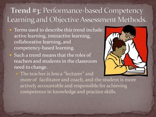 Trend #3: Performance-based Competency Learning and Objective Assessment Methods.Terms used to describe this trend include:active learning, interactive learning, collaborative learning, and competency-based learning.Such a trend means that the roles of teachers and students in the classroom need to change.The teacher is less a “lecturer” and more of  facilitator and coach, and the student is more actively accountable and responsible for achieving competence in knowledge and practice skills.