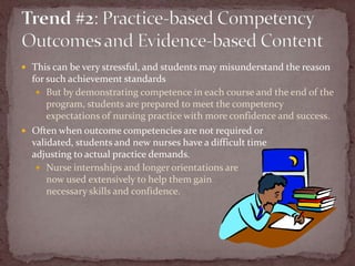 This can be very stressful, and students may misunderstand the reason for such achievement standardsBut by demonstrating competence in each course and the end of the program, students are prepared to meet the competency expectations of nursing practice with more confidence and success.Often when outcome competencies are not required or validated, students and new nurses have a difficult time adjusting to actual practice demands. Nurse internships and longer orientations are now used extensively to help them gain necessary skills and confidence.Trend #2: Practice-based Competency Outcomes and Evidence-based Content