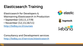 Elasticsearch Training
Elasticsearch for Developers &
Maintaining Elasticsearch in Production
• September (10,11,17/9)
• November (12,13,16/11)
http://bdbq.co.il/courses
Consultancy and Development services
http://bdbq.co.il/services/elasticsearch
 