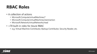 @fincooper
RBAC Roles
• A collection of actions
• Microsoft.Compute/virtualMachines/*
• Microsoft.Compute/virtualMachines/start/action
• Microsoft.Network/virtualNetworks/read
• +70 built-in roles for Azure RBAC
• e.g. Virtual Machine Contributor, Backup Contributor, Security Reader, etc.
 
