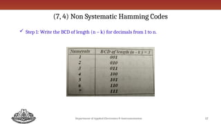(7, 4) Non Systematic Hamming Codes
 Step 1: Write the BCD of length (n – k) for decimals from 1 to n.
17
Department of Applied Electronics & Instrumentation
 