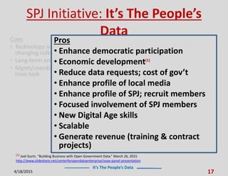 It’s The People’s Data
SPJ Initiative: It’s The People’s
Data
4/18/2015 17
Cons
• Technology is easy;
changing cultures is hard
• Long-term endeavor
• Mgmt/coordination a full-
time task
Pros
• Enhance democratic participation
• Economic development[1]
• Reduce data requests; cost of gov’t
• Enhance profile of local media
• Enhance profile of SPJ; recruit members
• Focused involvement of SPJ members
• New Digital Age skills
• Scalable
• Generate revenue (training & contract
projects)
[1] Joel Gurin. “Building Business with Open Government Data.” March 26, 2015
http://www.slideshare.net/centerforopendataenterprise/sxsw-panel-presentation
 