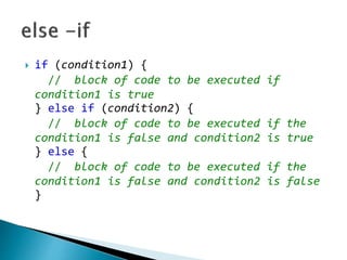  if (condition1) {
// block of code to be executed if
condition1 is true
} else if (condition2) {
// block of code to be executed if the
condition1 is false and condition2 is true
} else {
// block of code to be executed if the
condition1 is false and condition2 is false
}
 