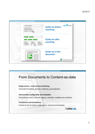 16/11/17	
5	
From Documents to Content-as-data
Single source - multi channel publishing
Automated formatting, dynamic publishing, personalization
Discoverable, Configurable and Adaptable
Fine-grained content, semantic tagging, metadata, variables and conditions
Compliance and Consistency
Content re-use vs copies, single-source, schemas and templates
 
