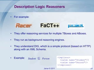 Jarrar © 2011 25
• They offer reasoning services for multiple TBoxes and ABoxes.
• They run as background reasoning engines.
• They understand DIG, which is a simple protocol (based on HTTP)
along with an XML Schema.
Description Logic Reasoners
<impliesc>
<catom name=“Student"/>
<catom name=“Person"/>
</impliesc>
Student ⊑ Person• Example:
• For example:
 