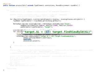 @Override 
public boolean process(Set<? extends TypeElement> annotations, RoundEnvironment roundEnv) { 
// .. process annotations ..
try { 
JavaFileObject jfo = mFiler.createSourceFile("jwf.soupladle.SoupLadle"); 
 
TypeSpec.Builder soupLadleBuilder = TypeSpec.classBuilder("SoupLadle") 
.addModifiers(Modifier.PUBLIC, Modifier.FINAL); 
 
for (Map.Entry<TypeElement, List<VariableElement>> binding : bindingClasses.entrySet()) { 
TypeName typeParameter = ClassName.get(binding.getKey()); 
 
MethodSpec.Builder bindingBuilder = MethodSpec.methodBuilder("bind") 
.addModifiers(Modifier.PUBLIC, Modifier.FINAL, Modifier.STATIC) 
.addParameter(typeParameter, "target"); 
 
List<VariableElement> members = binding.getValue(); 
for (VariableElement member : members) { 
Bind annotation = member.getAnnotation(Bind.class); 
TypeName castClass = ClassName.get(member.asType()); 
bindingBuilder.addStatement("target.$L = ($T) target.findViewById($L)",
member.getSimpleName().toString(),
castClass,
annotation.value()); 
} 
 
soupLadleBuilder.addMethod(bindingBuilder.build()); 
} 
 
AnnotationSpec suppressIdentifierWarningAnnotation = AnnotationSpec.builder(SuppressWarnings.class)
.addMember("value", "$S", "ResourceType").build();
soupLadleBuilder.addAnnotation(suppressIdentifierWarningAnnotation);
 
JavaFile file = JavaFile.builder("jwf.soupladle", soupLadleBuilder.build()).build(); 
Writer out = jfo.openWriter(); 
file.writeTo(out); 
out.flush(); 
out.close(); 
} catch (IOException e) { 
throw new RuntimeException(e); 
}
return true;
}
"target.$L = ($T) target.findViewById($L)"
 