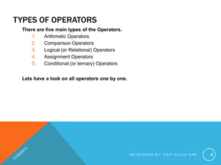 TYPES OF OPERATORS
There are five main types of the Operators.
1.
Arithmetic Operators
2.
Comparison Operators
3.
Logical (or Relational) Operators
4.
Assignment Operators
5.
Conditional (or ternary) Operators
Lets have a look on all operators one by one.

DEVELOPED BY: SAIF ULLAH DAR

4

 