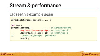 @JosePaumard 
#J8Stream 
Stream & performance 
Let see this example again 
ArrayList<Person> persons = ... ; 
int sum = 
persons.stream() // Stream<Person> 
.mapToInt(Person::getAge) // IntStream  
.filter(age -> age > 20) // IntStream  
// .mapToInt(Integer::getValue) 
.sum() ;  
