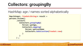 @JosePaumard 
#J8Stream 
Collectors: groupingBy 
HashMap: age / names sorted alphabetically 
Map<Integer, TreeSet<String>> result = 
persons.stream() 
.collect( 
Collectors.groupingBy( 
Person::getAge, 
Collectors.mapping( 
Person::getLastName 
Collectors.toCollection(TreeSet::new) 
) 
) 
) ;  