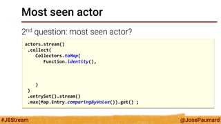 @JosePaumard 
#J8Stream 
Most seen actor 
2nd question: most seen actor? 
actors.stream() 
.collect( 
Collectors.toMap( 
Function.identity(), 
) 
) 
.entrySet().stream() 
.max(Map.Entry.comparingByValue()).get() ;  