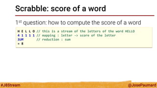 @JosePaumard 
#J8Stream 
Scrabble: score of a word 
1st question: how to compute the score of a word 
H E L L O // this is a stream of the letters of the word HELLO 4 1 1 1 1 // mapping : letter -> score of the letter SUM // reduction : sum = 8  