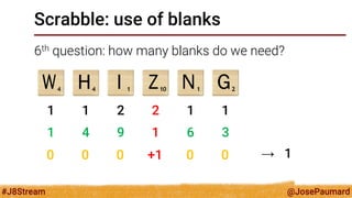 @JosePaumard 
#J8Stream 
Scrabble: use of blanks 
6th question: how many blanks do we need? 
1 
1 
2 
2 
1 
1 
1 
4 
9 
1 
6 
3 
0 
0 
0 
+1 
0 
0 
→ 1  