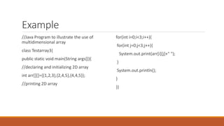 Example
//Java Program to illustrate the use of
multidimensional array
class Testarray3{
public static void main(String args[]){
//declaring and initializing 2D array
int arr[][]={{1,2,3},{2,4,5},{4,4,5}};
//printing 2D array
for(int i=0;i<3;i++){
for(int j=0;j<3;j++){
System.out.print(arr[i][j]+" ");
}
System.out.println();
}
}}
 