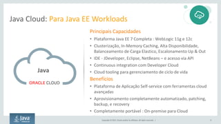 Copyright	©	2017, Oracle	and/or	its	affiliates.	All	rights	reserved.		| 9
Java	Cloud:	Para	Java	EE	Workloads	
Principais	Capacidades
• Plataforma	Java	EE	7	Completa	:	WebLogic	11g	e	12c
• Clusterização, In-Memory	Caching,	Alta	Disponibilidade,	
Balanceamento	de	Carga	Elastico,	Escalonamento	Up	&	Out
• IDE	- JDeveloper,	Eclipse,	NetBeans	– e	acesso	via	API
• Continuous	integration	com	Developer	Cloud
• Cloud	tooling	para	gerenciamento	de	ciclo	de	vida
Benefícios
• Plataforma	de	Aplicação Self-service	com	ferramentas cloud	
avançadas
• Aprovisionamento	completamente	automatizado,	patching,	
backup,	e	recovery
• Completamente	portável	:	On-premise	para	Cloud
Java
 