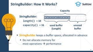  StringBuilder keeps a buffer space, allocated in advance
 Do not allocate memory for
most operations  performance
StringBuilder: How It Works?
H e l l o , J a v a
StringBuilder:
length() = 10
capacity() = 16
Capacity
used buffer
(Length)
unused
buffer
30
 