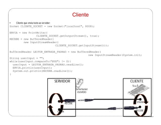 http://publicationslist.org/junio
• Cliente que envia texto ao servidor:
Socket CLIENTE_SOCKET = new Socket("localhost", 8008);
ENVIA = new PrintWriter(
CLIENTE_SOCKET.getOutputStream(), true);
RECEBE = new BufferedReader(
new InputStreamReader(
CLIENTE_SOCKET.getInputStream()));
BufferedReader LEITOR_ENTRADA_PADRAO = new BufferedReader(
new InputStreamReader(System.in));
String userInput = "";
while(userInput.compareTo(“BYE") != 0){
userInput = LEITOR_ENTRADA_PADRAO.readLine();
ENVIA.println(userInput);
System.out.println(RECEBE.readLine());
}
Cliente
ServerSocket
OUVIDO
SERVIDOR CLIENTE
Socket
RECEBE
ENVIA RECEBE
ENVIA
 
