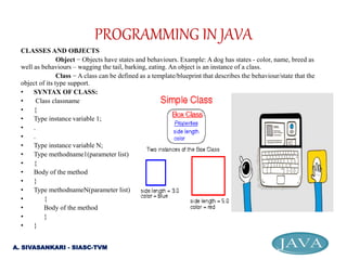 CLASSES AND OBJECTS
Object − Objects have states and behaviours. Example: A dog has states - color, name, breed as
well as behaviours – wagging the tail, barking, eating. An object is an instance of a class.
Class − A class can be defined as a template/blueprint that describes the behaviour/state that the
object of its type support.
• SYNTAX OF CLASS:
• Class classname
• {
• Type instance variable 1;
• .
• .
• Type instance variable N;
• Type methodname1(parameter list)
• {
• Body of the method
• }
• Type methodnameN(parameter list)
• {
• Body of the method
• }
• }
PROGRAMMING IN JAVA
A. SIVASANKARI - SIASC-TVM
 