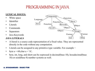 LEXICAL ISSUES:
• White space
• Identifier
• Literals
• Commends
• Separators
• Java Keywords
JAVA LITERALS
• A literal is a source code representation of a fixed value. They are represented
directly in the code without any computation.
• Literals can be assigned to any primitive type variable. For example −
• byte a = 68;char a = 'A';
• byte, int, long, and short can be expressed in decimal(base 10), hexadecimal(base
16) or octal(base 8) number systems as well.
PROGRAMMING IN JAVA
A. SIVASANKARI - SIASC-TVM
 
