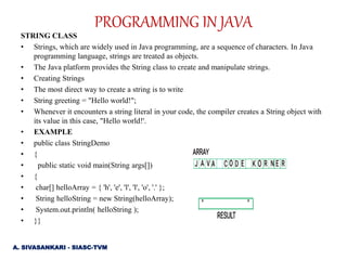 STRING CLASS
• Strings, which are widely used in Java programming, are a sequence of characters. In Java
programming language, strings are treated as objects.
• The Java platform provides the String class to create and manipulate strings.
• Creating Strings
• The most direct way to create a string is to write
• String greeting = "Hello world!";
• Whenever it encounters a string literal in your code, the compiler creates a String object with
its value in this case, "Hello world!'.
• EXAMPLE
• public class StringDemo
• {
• public static void main(String args[])
• {
• char[] helloArray = { 'h', 'e', 'l', 'l', 'o', '.' };
• String helloString = new String(helloArray);
• System.out.println( helloString );
• }}
PROGRAMMING IN JAVA
A. SIVASANKARI - SIASC-TVM
 