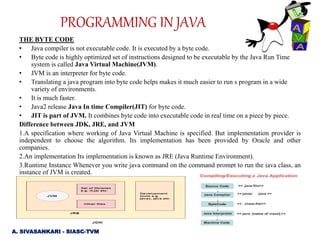 THE BYTE CODE
• Java compiler is not executable code. It is executed by a byte code.
• Byte code is highly optimized set of instructions designed to be executable by the Java Run Time
system is called Java Virtual Machine(JVM).
• JVM is an interpreter for byte code.
• Translating a java program into byte code helps makes it much easier to run s program in a wide
variety of environments.
• It is much faster.
• Java2 release Java In time Compiler(JIT) for byte code.
• JIT is part of JVM. It combines byte code into executable code in real time on a piece by piece.
Difference between JDK, JRE, and JVM
1.A specification where working of Java Virtual Machine is specified. But implementation provider is
independent to choose the algorithm. Its implementation has been provided by Oracle and other
companies.
2.An implementation Its implementation is known as JRE (Java Runtime Environment).
3.Runtime Instance Whenever you write java command on the command prompt to run the java class, an
instance of JVM is created.
PROGRAMMING IN JAVA
A. SIVASANKARI - SIASC-TVM
 