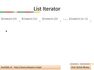 List Iterator


    •




Available at : http://www.asbspace.in/ppt        Prof. Ashish Bhatia
 