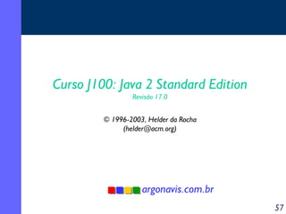 Curso J100: Java 2 Standard Edition
Revisão 17.0

© 1996-2003, Helder da Rocha
(helder@acm.org)

argonavis.com.br
57

 