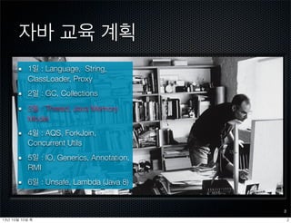 자바 교육 계획
1일 : Language, String,
ClassLoader, Proxy
2일 : GC, Collections
3일 : Thread, Java Memory
Model
4일 : AQS, ForkJoin,
Concurrent Utils
5일 : IO, Generics, Annotation,
RMI
6일 : Unsafe, Lambda (Java 8)
2
213년	 10월	 10일	 목
 