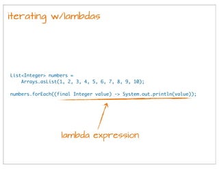 iterating w/lambdas
List<Integer> numbers =
Arrays.asList(1, 2, 3, 4, 5, 6, 7, 8, 9, 10);
numbers.forEach((final Integer value) -> System.out.println(value));
lambda expression
 