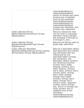 importedKeyRestrict,
                                        importedKeySetNull),
                                        action to foreign key when
                                        primary key is deleted
                                        (one of the constants
                                        importedKeyCascade,
                                        importedKeyRestrict,
                                        importedKeySetNull),
                                        foreign key identifier, and
                                        primary key indentifier
public abstract String                  Returns characters that
getExtraNameCharacters() throws         can be used in unquoted
SQLException                            identifier names besides
                                        the standard A through Z,
                                        0 through 9, and _
public abstract String                  Returns the String used to
getIdentifierQuoteString() throws       quote SQL identifiers
SQLException
public abstract ResultSet               Returns a ResultSet object
getImportedKeys(String String schema,   that describes the primary
String table) throws SQLException       key attributes that are
                                        referenced by the
                                        specified table’s foreign
                                        key attributes; the
                                        ResultSet object contains
                                        the following columns:
                                        primary key’s table
                                        catalog, primary key’s
                                        table schema, primary
                                        key’s table, primary key’s
                                        column name, foreign
                                        key’s table catalog,
                                        foreign key’s table
                                        schema, foreign key’s
                                        table, foreign key’s
                                        column name, sequence
                                        number within foreign
                                        key, action to foreign key
                                        when primary key is
                                        updated (one of the
                                        constants
                                        importedKeyCascade,
                                        importedKeyRestrict,
 