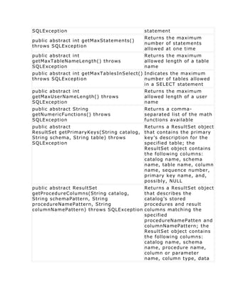 SQLException                               statement
                                           Returns the maximum
public abstract int getMaxStatements()
                                           number of statements
throws SQLException
                                           allowed at one time
public abstract int                        Returns the maximum
getMaxTableNameLength() throws             allowed length of a table
SQLException                               name
public abstract int getMaxTablesInSelect() Indicates the maximum
throws SQLException                        number of tables allowed
                                           in a SELECT statement
public abstract int                        Returns the maximum
getMaxUserNameLength() throws              allowed length of a user
SQLException                               name
public abstract String                     Returns a comma-
getNumericFunctions() throws               separated list of the math
SQLException                               functions available
public abstract                            Returns a ResultSet object
ResultSet getPrimaryKeys(String catalog,   that contains the primary
String schema, String table) throws        key’s description for the
SQLException                               specified table; the
                                           ResultSet object contains
                                           the following columns:
                                           catalog name, schema
                                           name, table name, column
                                           name, sequence number,
                                           primary key name, and,
                                           possibly, NULL
public abstract ResultSet                  Returns a ResultSet object
getProcedureColumns(String catalog,        that describes the
String schemaPattern, String               catalog’s stored
procedureNamePattern, String               procedures and result
columnNamePattern) throws SQLException     columns matching the
                                           specified
                                           procedureNamePatten and
                                           columnNamePattern; the
                                           ResultSet object contains
                                           the following columns:
                                           catalog name, schema
                                           name, procedure name,
                                           column or parameter
                                           name, column type, data
 