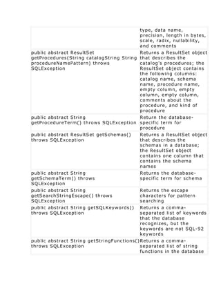 type, data name,
                                           precision, length in bytes,
                                           scale, radix, nullability,
                                           and comments
public abstract ResultSet                 Returns a ResultSet object
getProcedures(String catalogString String that describes the
procedureNamePattern) throws              catalog’s procedures; the
SQLException                              ResultSet object contains
                                          the following columns:
                                          catalog name, schema
                                          name, procedure name,
                                          empty column, empty
                                          column, empty column,
                                          comments about the
                                          procedure, and kind of
                                          procedure
public abstract String                 Return the database-
getProcedureTerm() throws SQLException specific term for
                                       procedure
public abstract ResultSet getSchemas()     Returns a ResultSet object
throws SQLException                        that describes the
                                           schemas in a database;
                                           the ResultSet object
                                           contains one column that
                                           contains the schema
                                           names
public abstract String                     Returns the database-
getSchemaTerm() throws                     specific term for schema
SQLException
public abstract String                     Returns the escape
getSearchStringEscape() throws             characters for pattern
SQLException                               searching
public abstract String getSQLKeywords()    Returns a comma-
throws SQLException                        separated list of keywords
                                           that the database
                                           recognizes, but the
                                           keywords are not SQL-92
                                           keywords
public abstract String getStringFunctions() Returns a comma-
throws SQLException                         separated list of string
                                            functions in the database
 