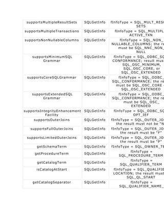 supportsMultipleResultSets    SQLGetInfo   fInfoType = SQL_MULT_RESU
                                                         SETS
supportsMultipleTransactions   SQLGetInfo    fInfoType = SQL_MULTIPLE
                                                     ACTIVE_TXN
supportsNonNullableColumns     SQLGetInfo      fInfoType = SQL_NON_
                                            NULLABLE_COLUMNS; the re
                                               must be SQL_NNC_NON_
                                                        NULL
    supportsMinimumSQL         SQLGetInfo    fInfoType = SQL_ODBC_SQ
         Grammar                            CONFORMANCE; result must
                                                  SQL_OSC_MINIMUM,
                                                  SQL_OSC_CORE, or
                                                 SQL_OSC_EXTENDED
 supportsCoreSQLGrammar        SQLGetInfo      fInfoType = SQL_ODBC_
                                            SQL_CONFORMANCE; the re
                                             must be SQL_OSC_CORE o
                                                 SQL_OSC_EXTENDED
    supportsExtendedSQL        SQLGetInfo      fInfoType = SQL_ODBC_
         Grammar                            SQL_CONFORMANCE; the re
                                                  must be SQL_OSC_
                                                      EXTENDED
supportsIntegrityEnhancement   SQLGetInfo    fInfoType = SQL_ODBC_SQ
           Facility                                    OPT_IEF
     supportsOuterJoins        SQLGetInfo   fInfoType = SQL_OUTER_JOI
                                               the result must not be “N
   supportsFullOuterJoins      SQLGetInfo   fInfoType = SQL_OUTER_JOI
                                                 the result must be “F”
 supportsLimitedOuterJoins     SQLGetInfo   fInfoType = SQL_OUTER_JOI
                                                 the result must be “P”
      getSchemaTerm            SQLGetInfo   fInfoType = SQL_OWNER_TE
                                                    fInfoType =
     getProcedureTerm          SQLGetInfo
                                               SQL_PROCEDURE_TERM
                                                    fInfoType =
      getCatalogTerm           SQLGetInfo
                                                SQL_QUALIFIER_TERM
      isCatalogAtStart         SQLGetInfo    fInfoType = SQL_QUALIFIE
                                             LOCATION; the result must
                                                    SQL_QL_START
    getCatalogSeparator        SQLGetInfo            fInfoType =
                                                SQL_QUALIFIER_NAME_
 