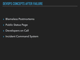 DEVOPS CONCEPTS AFTER FAILURE
▸ Blameless Postmortems
▸ Public Status Page
▸ Developers on Call
▸ Incident Command System
 