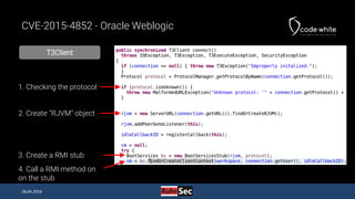 T3Client
CVE-2015-4852 - Oracle Weblogic
28.04.2016
1. Checking the protocol
2. Create "RJVM" object
4. Call a RMI method on
on the stub
3. Create a RMI stub
 
