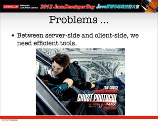 Problems ...
      • Between server-side and client-side, we
          need efﬁcient tools.




12年7月19日星期四
 