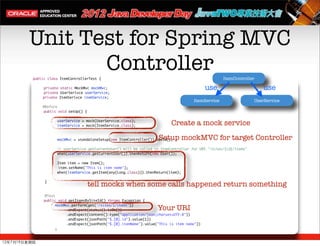 Unit Test for Spring MVC
               Controller
          public class ItemControllerTest {                                                          ItemController

         	    private static MockMvc mockMvc;                                                 use                      use
         	    private UserSerivce userService;
              private ItemSerivce itemService;
                                                                                       ItemService                  UserService
              @Before
         	    public void setUp() {

                     userService = mock(UserService.class);
                     itemService = mock(ItemService.class);                 Create a mock service
                                                                      Setup mockMVC for target Controller
                     mockMvc = standaloneSetup(new ItemController()).build();

                     // userService.getCurrentUser() will be called in ItemController for URI "/sites/{id}/items"
                     when(userService.getCurrentUser()).thenReturn(new User());

                     Item item = new Item();
                     item.setName("This is item name");
                     when(itemService.getItem(any(Long.class))).thenReturn(item);

               }
                                      tell mocks when some calls happened return something
                @Test
         	     public void getItemsBySiteId() throws Exception {
         	     	     mockMvc.perform(get("/sites/1/items"))
         	     	     	    .andExpect(status().isOk())                 Your URI
         	     	     	    .andExpect(content().type("application/json;charset=UTF-8"))
         	     	     	    .andExpect(jsonPath("$.[0].id").value(1))
         	     	     	    .andExpect(jsonPath("$.[0].itemName").value("This is item name"))
         	     	     ;



12年7月19日星期四
 