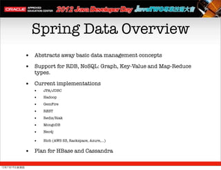 Spring Data Overview
              • Abstracts away basic data management concepts
              • Support for RDB, NoSQL: Graph, Key-Value and Map-Reduce
                 types.

              • Current implementations
                 •   JPA/JDBC
                 •   Hadoop

                 •   GemFire

                 •   REST

                 •   Redis/Riak

                 •   MongoDB

                 •   Neo4j

                 •   Blob (AWS S3, Rackspace, Azure,...)


              • Plan for HBase and Cassandra

12年7月19日星期四
 