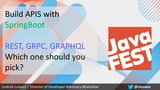 switch(SpringBoot.api()) { Case REST,GRAPHQL,GRPC } | @clunven KYIV, 2020
Cedrick Lunven | Director of Developer Advocacy #DataStax @clunven
Build APIS with
SpringBoot
REST, GRPC, GRAPHQL
Which one should you
pick?
 