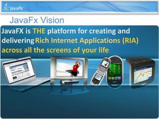 JavaFX is THE platform for creating and
deliveringRich Internet Applications (RIA)
across all the screens of your life
JavaFx Vision
 