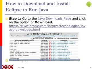 How to Download and Install
Eclipse to Run Java
 Step 1: Go to the Java Downloads Page and click
on the option of Download.
https://www.oracle.com/in/java/technologies/jav
ase-downloads.html
 2. Setup path
14
2/3/2021
 