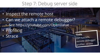 Step 7: Debug server side
• Inspect the remote host


• Can we attach a remote debugger?


• See https://youtube.com/OpenValue


• Profiling


• Strace Tools


SSH tunnels,
remote debugger,
profiler, strace
 