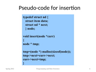 Pseudo-code for insertion
Spring 2012 Programming and Data Structure 6
typedef struct nd {
struct item data;
struct nd * next;
} node;
void insert(node *curr)
{
node * tmp;
tmp=(node *) malloc(sizeof(node));
tmp->next=curr->next;
curr->next=tmp;
}
 