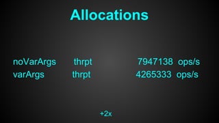noVarArgs thrpt 7947138 ops/s
varArgs thrpt 4265333 ops/s
Allocations
+2x
 