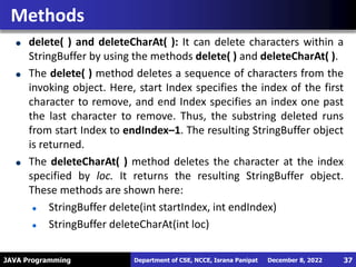 JAVA Programming
delete( ) and deleteCharAt( ): It can delete characters within a
StringBuffer by using the methods delete( ) and deleteCharAt( ).
The delete( ) method deletes a sequence of characters from the
invoking object. Here, start Index specifies the index of the first
character to remove, and end Index specifies an index one past
the last character to remove. Thus, the substring deleted runs
from start Index to endIndex–1. The resulting StringBuffer object
is returned.
The deleteCharAt( ) method deletes the character at the index
specified by loc. It returns the resulting StringBuffer object.
These methods are shown here:
StringBuffer delete(int startIndex, int endIndex)
StringBuffer deleteCharAt(int loc)
Methods
December 8, 2022
Department of CSE, NCCE, Israna Panipat 37
 