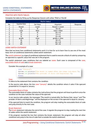 2 | 8
USING CONDITIONAL STATEMENTS:
SWITCH STATEMENTS
Java Programming – Using Conditional Statements: Switch Statements
PRACTICE WITH TRUTH TABLES
Complete the table by filling up the Response Column with either TRUE or FALSE:
TRUTH TABLE
No. Inputted Data Set Value Argument Response
1 Rowell rowell Rowell == rowell
2 15 15 15 != 15
3 male Male male == Male
4 25 15 25 >= 15
5 1.3 4 1.3 <= 4
6 15 18 15 == 18
7 giraffe rhino giraffe == rhino
8 90 91 90 != 91
9 48 45 48 >= 45
10 107 92 107 < 92
USING SWITCH STATEMENT
Now that we know how conditional statements work it is time for us to learn how to use one of the most
basic form of conditional statements called switch statement.
The switch statement is a type of conditional statement that is used to execute a block of code by comparing
an operand to a specific value that was set in the program.
The switch statement uses conditions that are labeled as cases. Each case is composed of the case,
executable block of code and a break statement.
Consider this example of a case:
Case
It refers to the statement that contains the condition.
In the source code above, the line case “January”: details the condition where it asks if the operand
presented to it is equal to January.
Executable Block of Code
The executable block of codes contains the instructions that the program will have to perform once the
condition on the case matches the value of the operand.
In our source code sample, the messages "The month is named after the Roman God, Janus." and "The
presider of doors and beginnings." will be displayed on the screen if the operand is equal to January.
If the operand fails to match the condition, the program will skip reading the executable block of code
and jump directly to the next case.
Break Statement
The break statement indicates the end of the case. It signals the program to stop reading the next line
of codes within the switch statement.
If the program reached the line that contains the break; statement, the program will skip all other
conditions and jump to the line of code that is outside the switch statement.
 