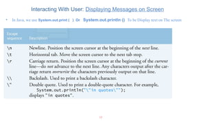 Interacting With User: Displaying Messages on Screen
• In Java, we use System.out.print ( ) Or System.out.println () To be Display text on The screen
17
 