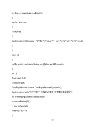 58
hr=Integer.parseInt(d.readLine());
}
tot=hr+min+sec;
}
void put()
{
System.out.println(name+"t"+hr+":"+min+":"+sec+"ttt"+ser+"ttt"+wait);
}
}
class sjf
{
public static void main(String args[])throws IOException
{
int i,j;
float total=0.0f;
schedule s[],t;
DataInputStream d=new DataInputStream(System.in);
System.out.println("ENTER THE NUMBER OF PROCESSES:"):
int n=Integer.parseInt(d.readLine());
s=new schedule[10];
t=new schedule();
for(i=0;i<n;i++)
{
 