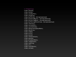 // Properties
video.paused;
video.muted;
video.autobuffer;
video.autoplay;
video.buffered; (Unimplemented)
video.bufferedBytes; (Unimplemented)
video.bufferingRate; (Unimplemented)
video.bufferingThrottled; (Unimplemented)
video.controls;
video.currentSrc;
video.currentTime;
video.defaultPlaybackRate;
video.duration;
video.ended;
video.error;
video.muted;
video.networkState;
video.paused;
video.playbackRate;
video.readyState;
video.seeking;
video.src;
video.totalBytes;
video.volume;
 