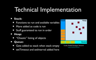Technical Implementation
• Stack:
• Functions to run and available variables
• More added as code is run
• Stuff guaranteed to run in order
• Heap:
• “Chaotic” listing of objects
• Queue:
• Gets added to stack when stack empty
• setTimeout and setInterval added here
Credit: Mozilla Developer Network
http://mzl.la/Y5Dh2x
 